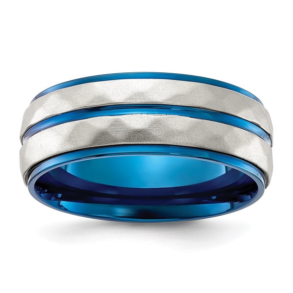 Diamond2Deal Stainless Steel Polished and Sand-blasted Faceted Blue IP-plated 8mm Band Size 12