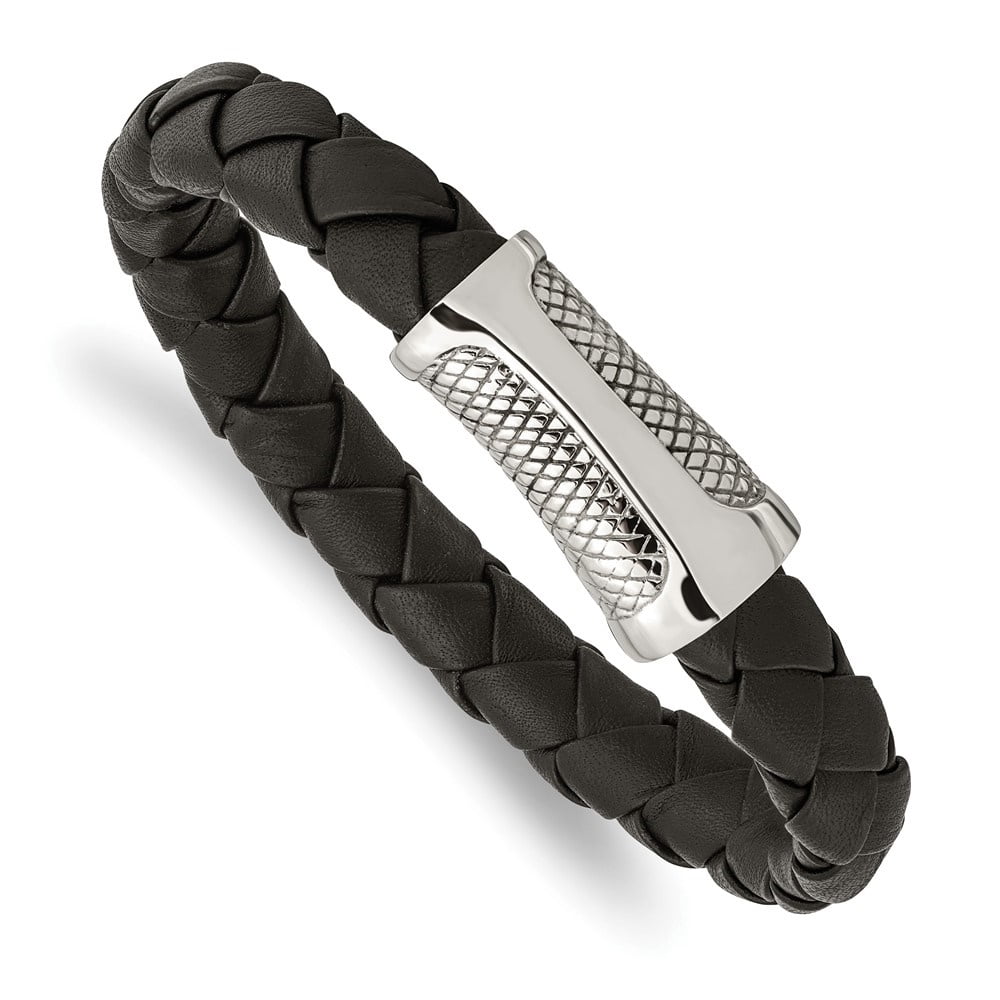 Diamond2Deal Stainless Steel Polished and Textured Black Braided Leather Bracelet for Men 8.5"