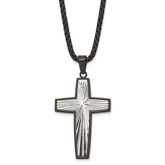 Diamond2Deal Stainless Steel Polished and Textured Black IP-plated Cross Pendant on a Box Chain Necklace for Women 24"