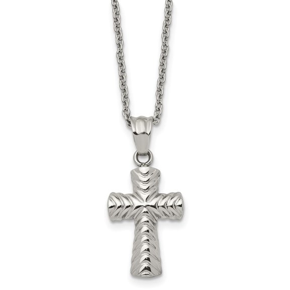 Diamond2Deal Stainless Steel Polished and Textured Cross Pendant on a Cable Chain Necklace for Women 22"