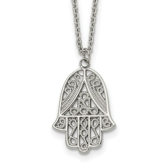 Diamond2Deal Stainless Steel Polished and Textured Hamsa Pendant on an Plus a 2 in ext Cable Chain Necklace for Women 20"
