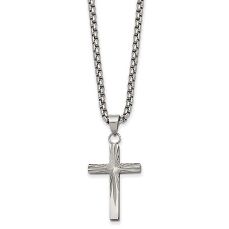 Diamond2Deal Stainless Steel Polished and Textured Sunburst Design Cross Pendant on a Box Chain Necklace for Women 24"