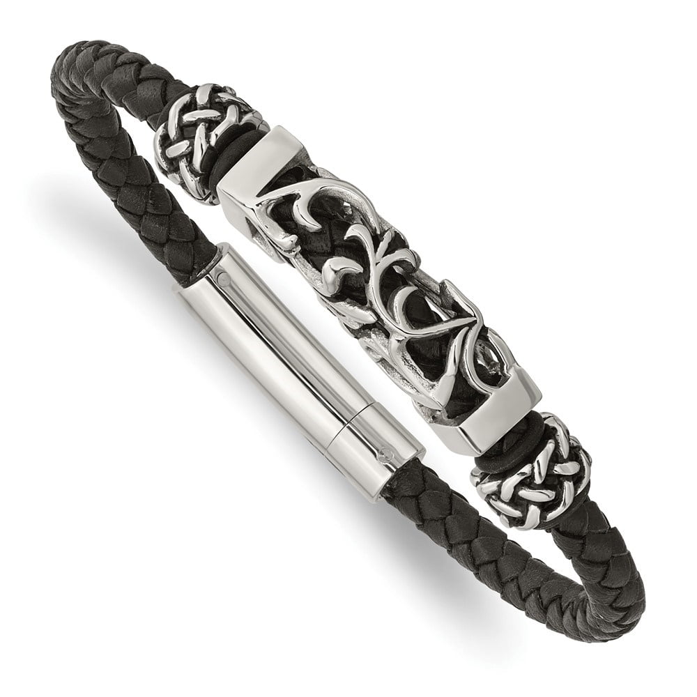 Diamond2Deal Stainless Steel Polished with Antiqued Beads Braided Black Leather Bracelet for Men 8.25"
