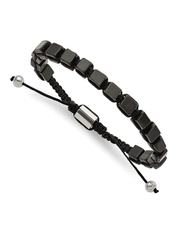 Stainless Steel Polished with Black Agate Black Macrame Adjustable Bracelet for Women