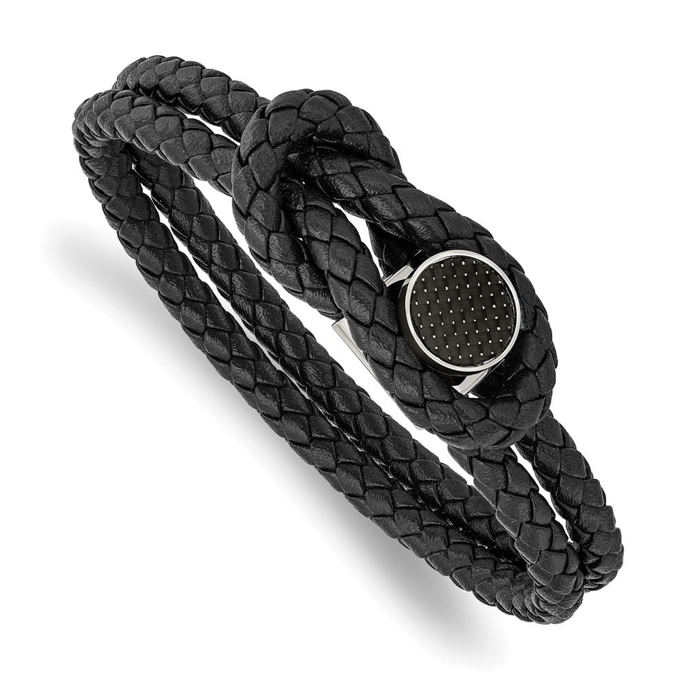 Diamond2Deal Stainless Steel Polished with Black Carbon Fiber Inlay Black Braided Leather Bracelet for Men 8.5"
