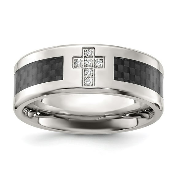 Diamond2Deal Stainless Steel Polished with Black Carbon Fiber Inlay CZ Cross 8mm Men's Band Size 10