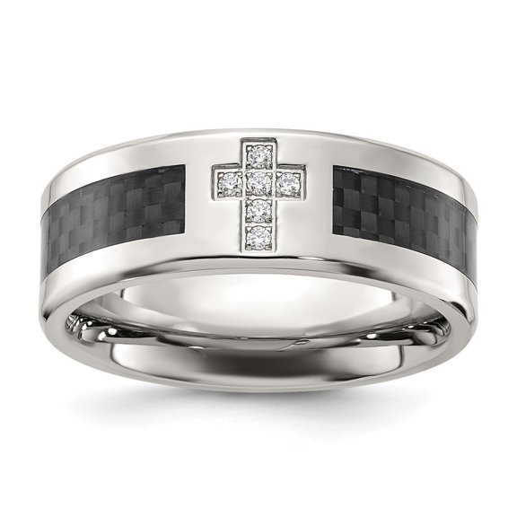Diamond2Deal Stainless Steel Polished with Black Carbon Fiber Inlay CZ Cross 8mm Men's Band Size 7