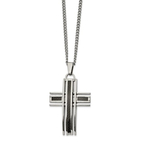 Diamond2Deal Stainless Steel Polished with Black Carbon Fiber Inlay Cross Pendant on a Curb Chain Necklace for Men 24"