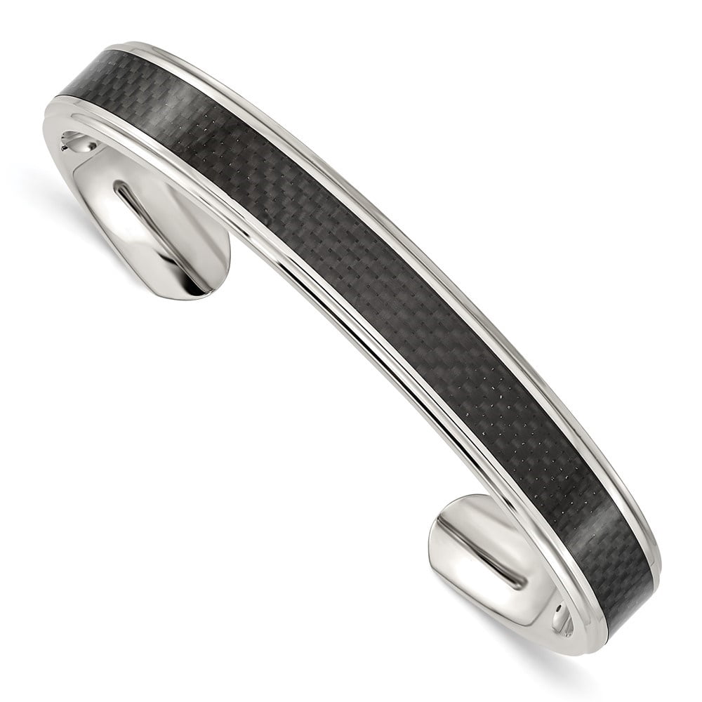 Diamond2Deal Stainless Steel Polished with Black Carbon Fiber Inlay Cuff Bangle Bracelet for Men 7.5"