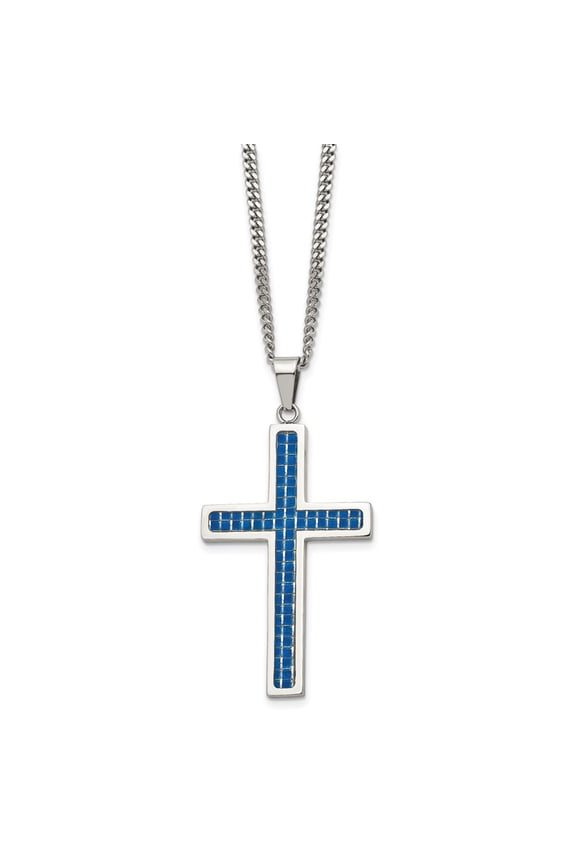 Stainless Steel Polished with Blue Carbon Fiber Inlay Cross Pendant on a Curb Chain Necklace for Men 22"
