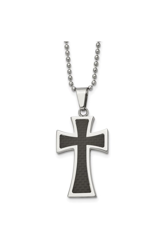 Stainless Steel Polished with Carbon Fiber Inlay Cross Pendant on a Ball Chain Necklace for Men 22"