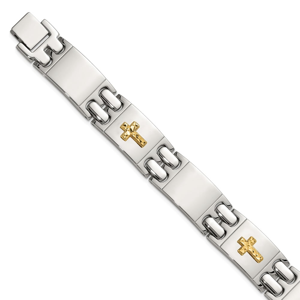 Diamond2Deal Stainless Steel Polished with Diamond-Cut 14K Gold Accent Cross Link Bracelet for Men 8"