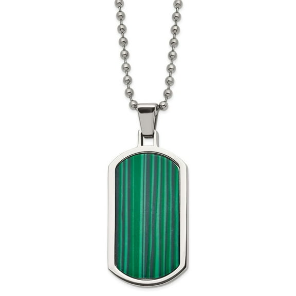 Diamond2Deal Stainless Steel Polished with Malachite Inlay Dogtag on a Ball Chain Necklace for Mens 22"