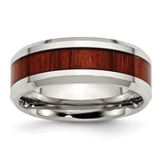 Diamond2Deal Stainless Steel Polished with Red Koa Wood Inlay Enameled 8mm Band