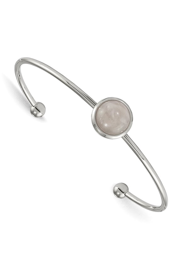 Stainless Steel Polished with Rose Quartz Cuff Bangle Bracelet for Women 6.75"