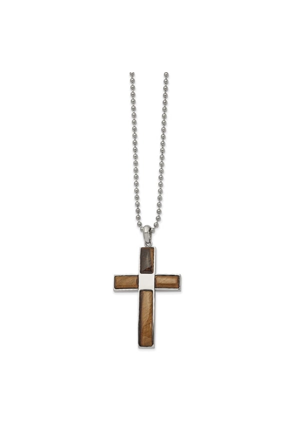 Stainless Steel Polished with Tiger's Eye Cross Pendant on a Ball Chain Necklace for Men 22"
