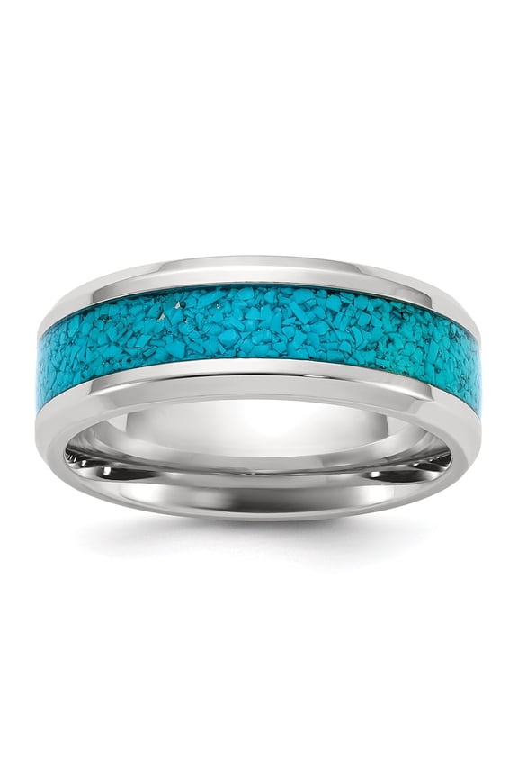 Stainless Steel Polished with Turquoise Inlay 8mm Men's Band Size 12.5