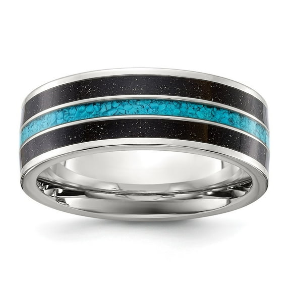 Diamond2Deal Stainless Steel Polished with Turquoise and Black Star Sandstone Inlay 8mm Band Size 12