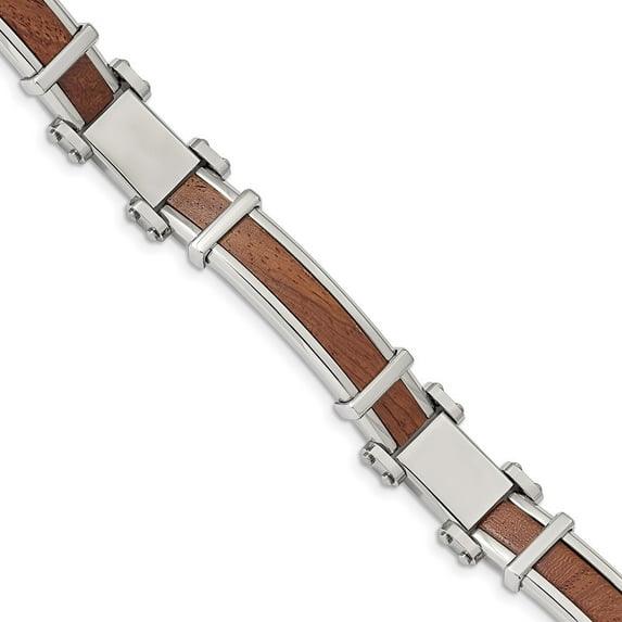 Diamond2Deal Stainless Steel Polished with Wood Inlay Link Bracelet for Men 8.25"