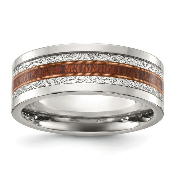 Diamond2Deal Stainless Steel Polished with Wood and Imitation Meteorite Inlay 8mm Band Size 9.5