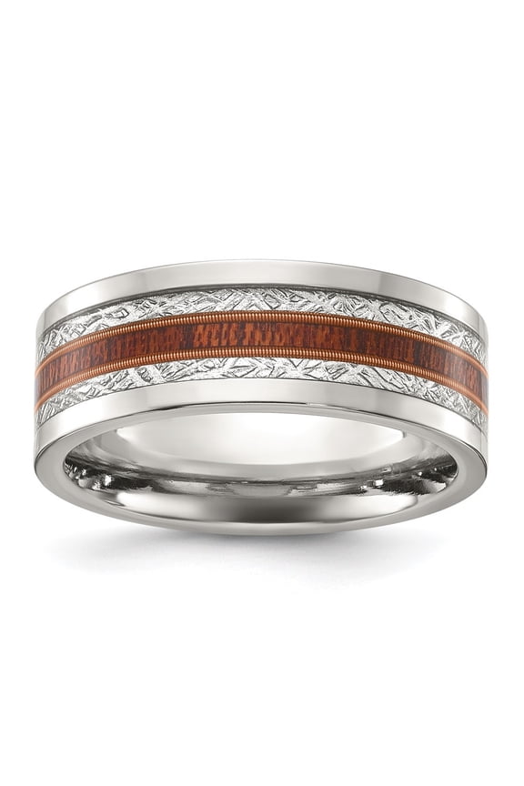 Stainless Steel Polished with Wood and Imitation Meteorite Inlay 8mm Men's Band Size 8