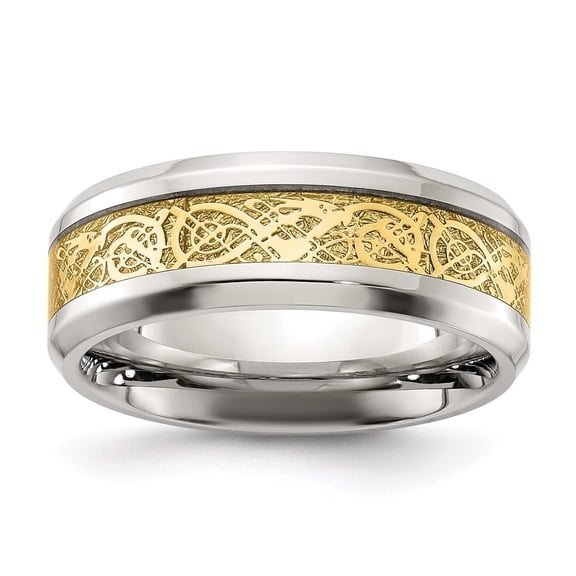 Diamond2Deal Stainless Steel Polished with Yellow IP-plated Inlay Design 8mm Men's Band Size 9