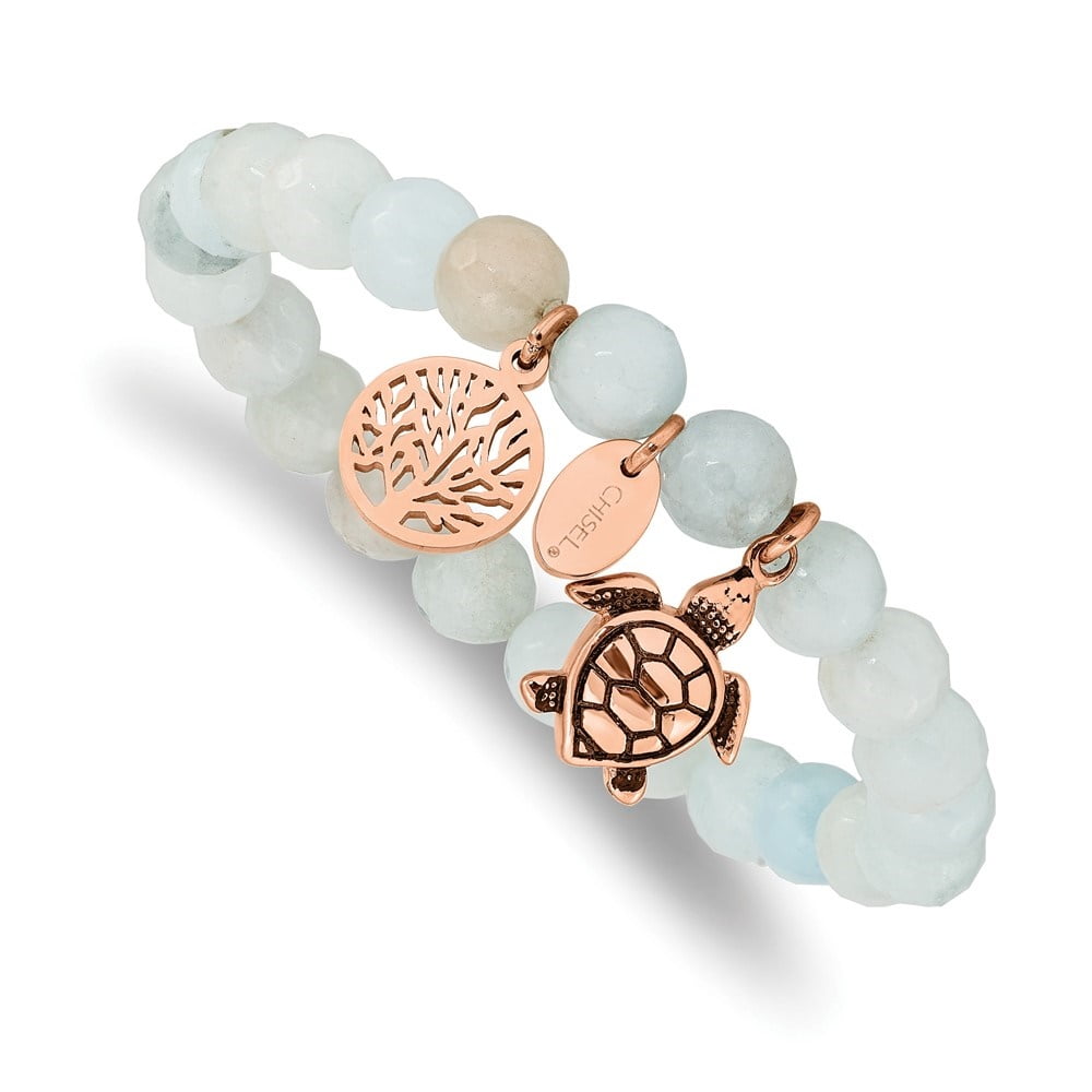 Diamond2Deal Stainless Steel Rose IP-Plated 8mm Blue/Grey Dyed Jade Beaded Stretch Bracelet for Women 6.25"