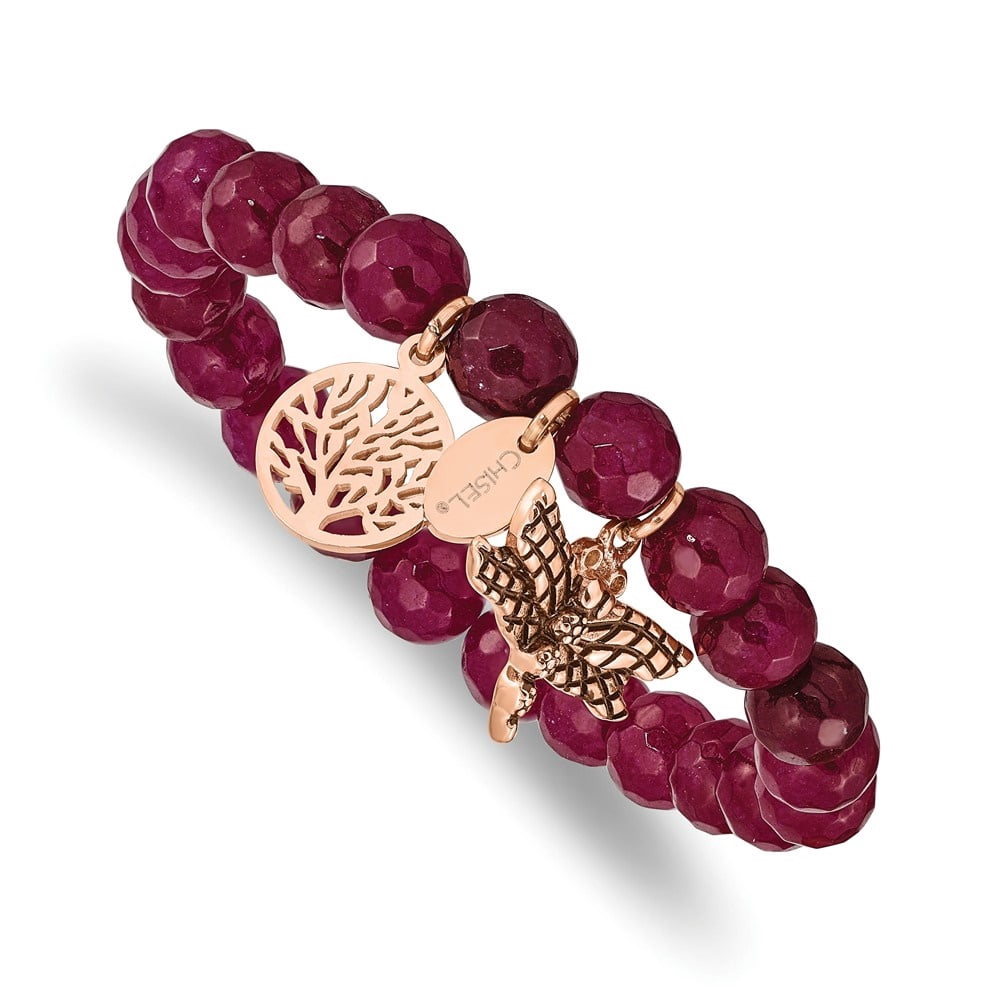 Diamond2Deal Stainless Steel Rose IP-Plated Dragonfly and Tree of Life Pink Dyed Jade Beaded Stretch Bracelet for Women 6.25"