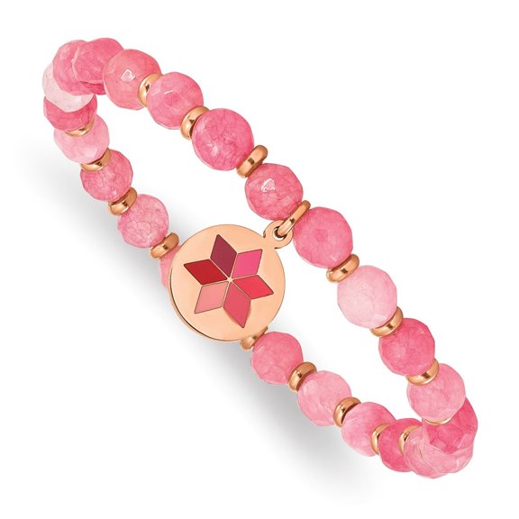 Diamond2Deal Stainless Steel Rose IP-Plated Enameled Flower Charm 6mm Pink Agate Beaded Stretch Bracelet for Women 6.25"