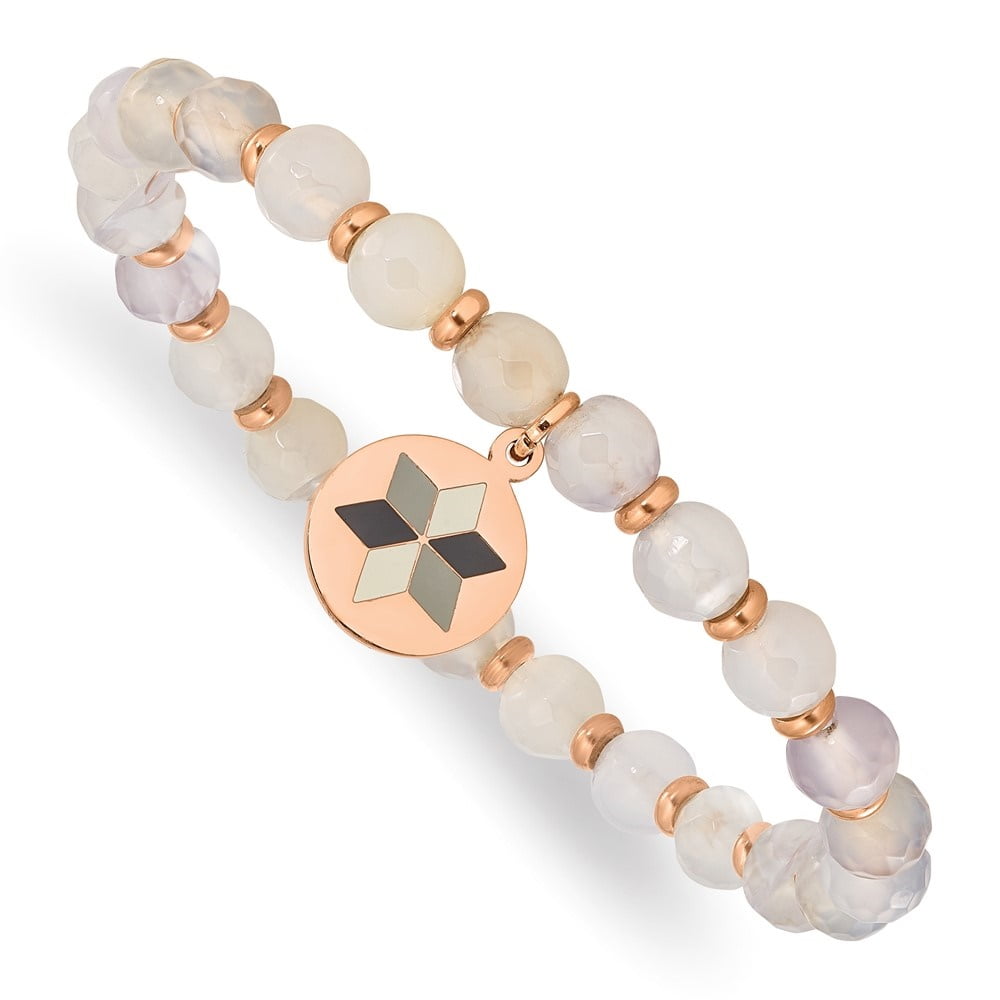 Diamond2Deal Stainless Steel Rose IP-Plated Enameled Flower Charm Jade Beaded Stretch Bracelet for Women 6.5"