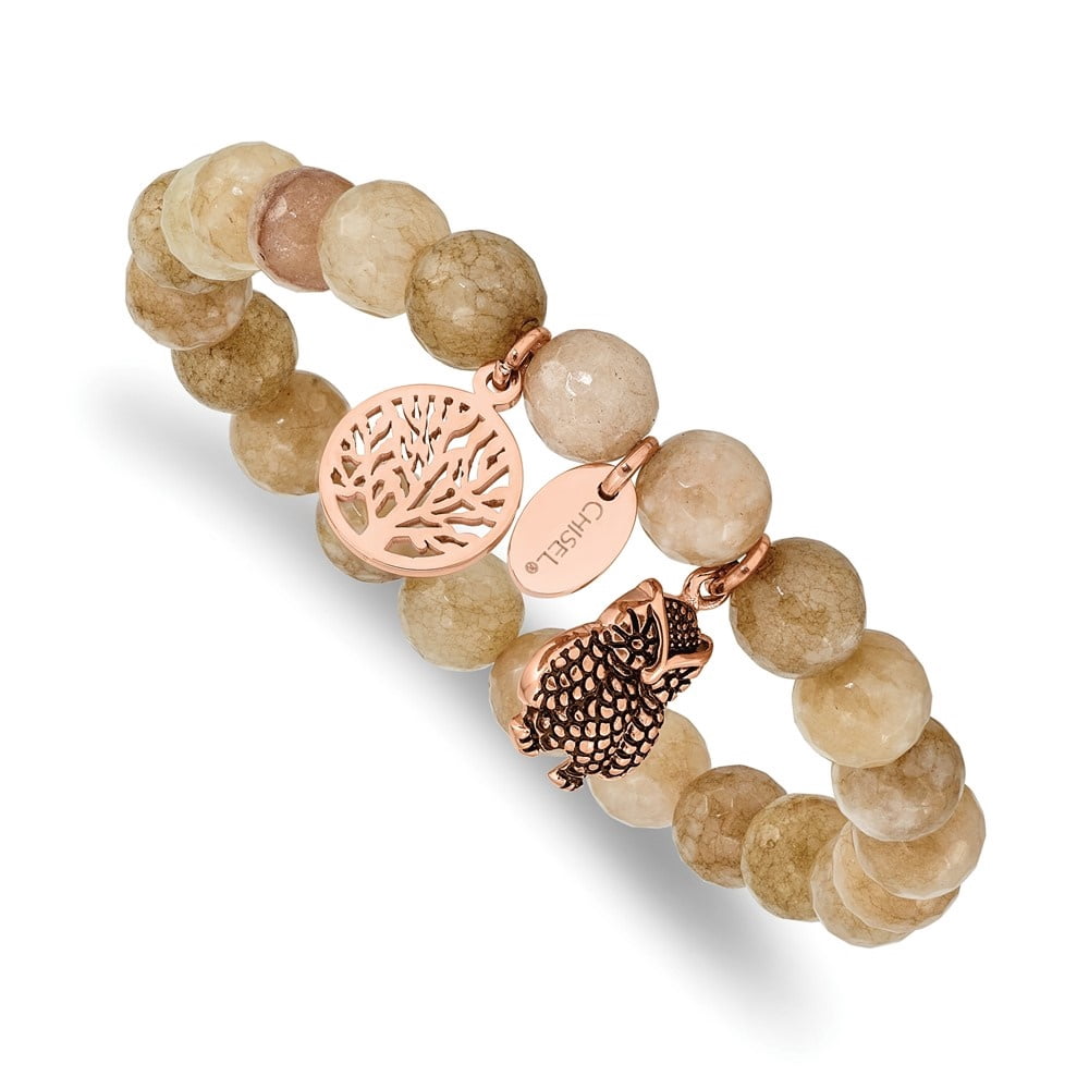 Diamond2Deal Stainless Steel Rose IP-Plated Owl and Tree of Life Taupe Dyed Jade Beaded Stretch Bracelet for Women 6.5"