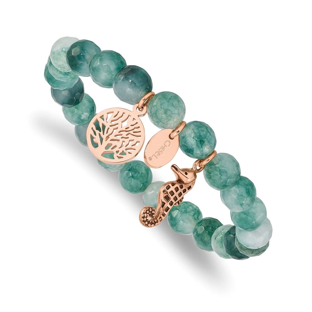 Diamond2Deal Stainless Steel Rose IP-Plated Seahorse and Tree of Life Green Dyed Jade Beaded Stretch Bracelet for Women 6.25"