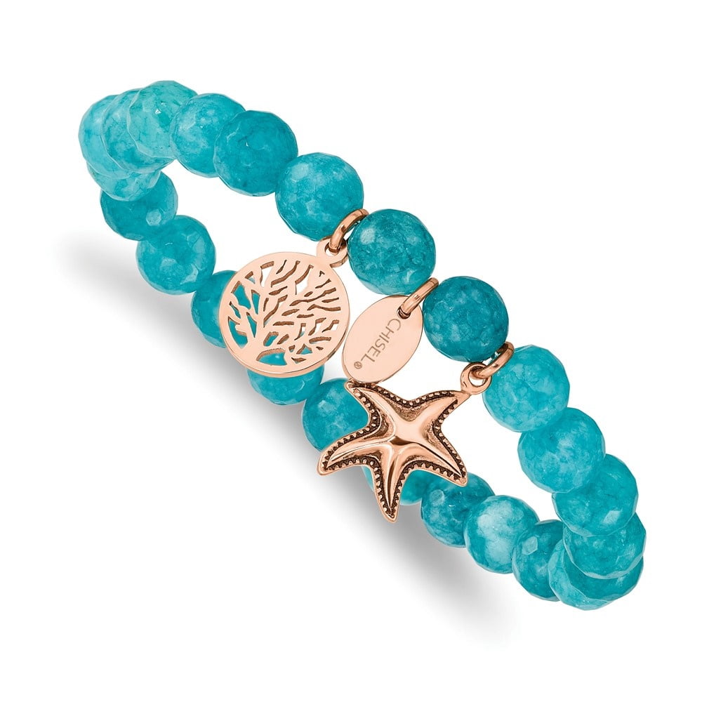 Diamond2Deal Stainless Steel Rose IP-Plated Starfish and Tree of Life 8mm Aqua Dyed Jade Beaded Stretch Bracelet for Women 6"