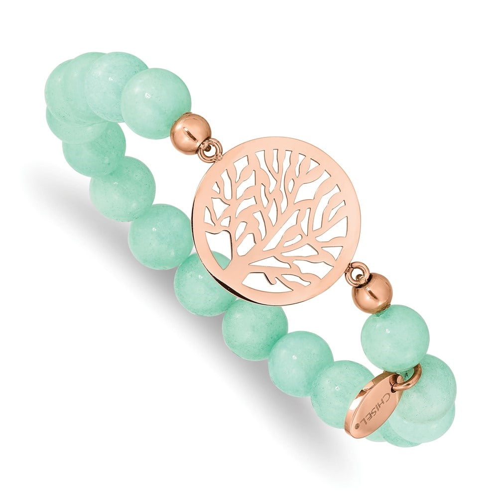 Diamond2Deal Stainless Steel Rose IP-Plated Tree of Life 8mm Green Dyed Jade Beaded Stretch Bracelet for Women 6"