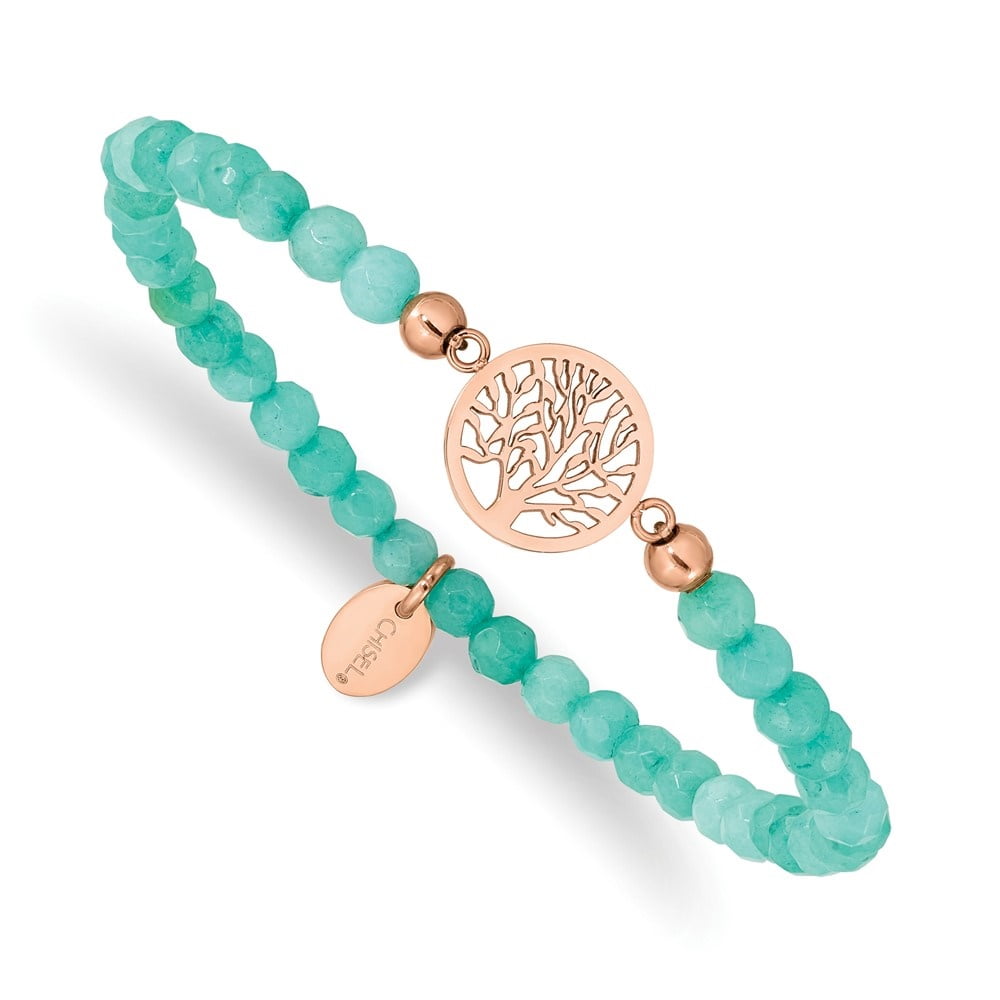 Diamond2Deal Stainless Steel Rose IP-Plated Tree of Life Mint Jade Beaded Stretch Bracelet for Women 6.5"