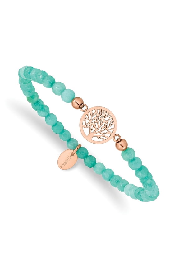 Stainless Steel Rose IP-Plated Tree of Life Mint Jade Beaded Stretch Bracelet for Women 6.5"