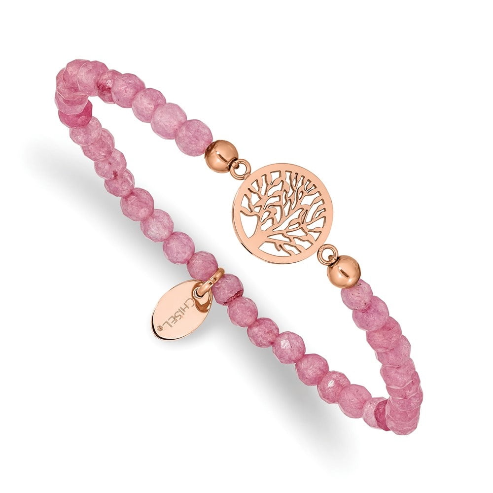 Diamond2Deal Stainless Steel Rose IP-Plated Tree of Life Red Jade Beaded Stretch Bracelet for Women 6.25"