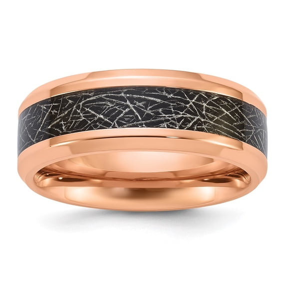 Diamond2Deal Stainless Steel Rose IP-plated Synthetic Leather Inlay in Clear Epoxy 8mm Band Size 7