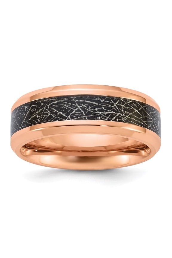 Stainless Steel Rose IP-plated Synthetic Leather Inlay in Clear Epoxy 8mm Band Size 9