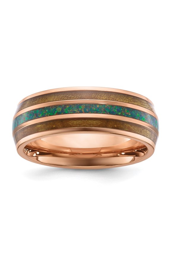 Stainless Steel Rose IP-plated with Wood and Imitation Opal Inlay 8mm Band Size 8.5