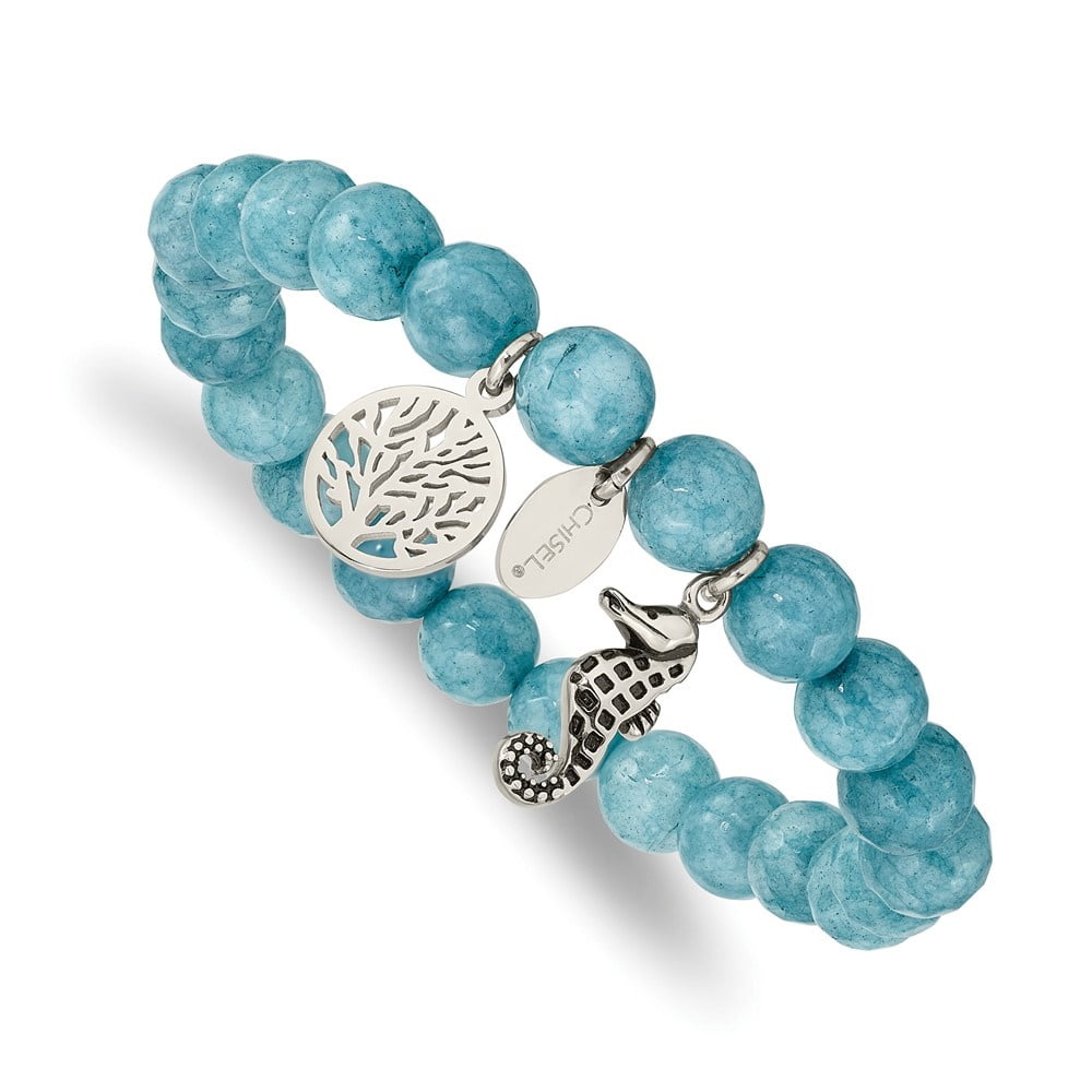Diamond2Deal Stainless Steel Seahorse and Tree of Life 8mm Blue Dyed Jade Beaded Stretch Bracelet for Women 6.25"