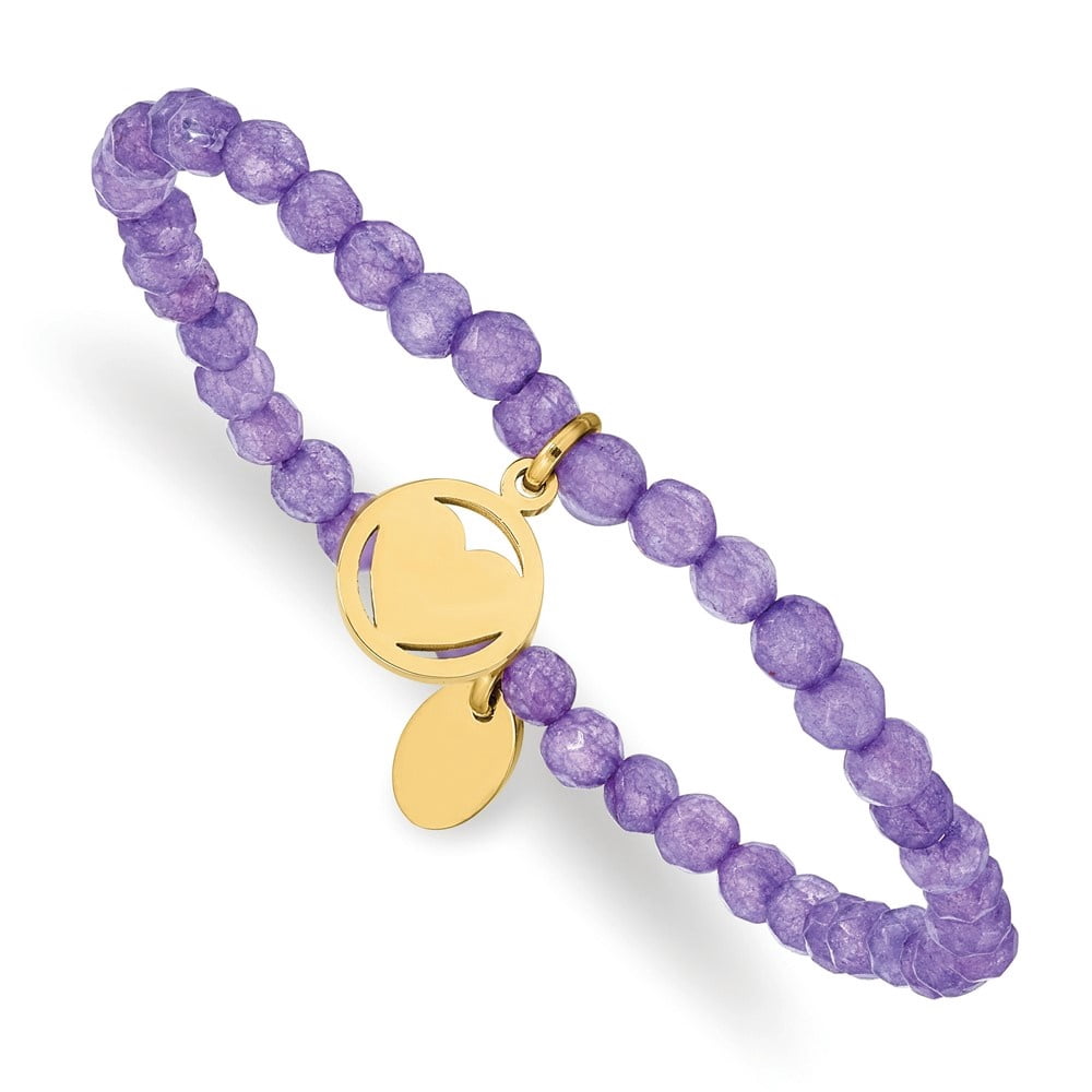 Diamond2Deal Stainless Steel Yellow IP-Plated Heart 4mm Light Purple Jade Beaded Stretch Bracelet for Women 6.25"