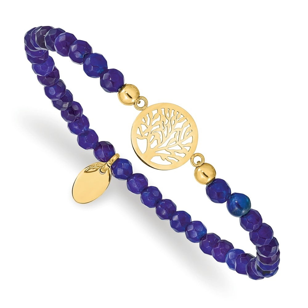 Diamond2Deal Stainless Steel Yellow IP-Plated Tree of Life 4mm Blue Jade Beaded Stretch Bracelet for Women 6.5"
