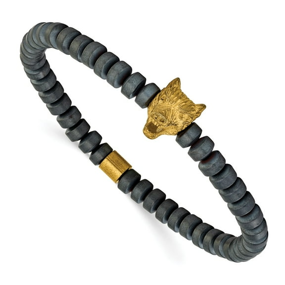 Diamond2Deal Stainless Steel Yellow IP-Plated Wolf Head Matte 6.5mm Hematite Beaded Stretch Bracelet for Men 7.25"