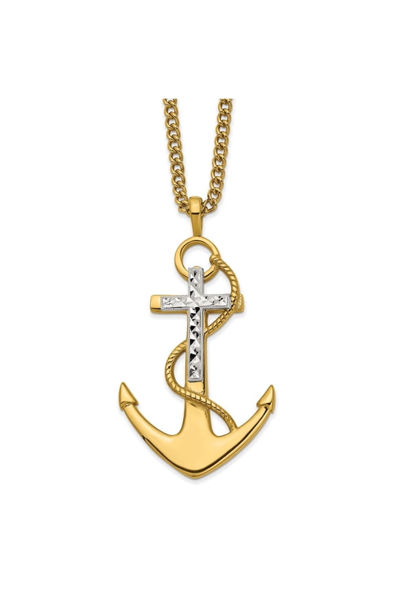 Stainless Steel Yellow IP-plated Diamond cut Cross and Anchor Pendant on a Curb Chain Necklace for Women 24"