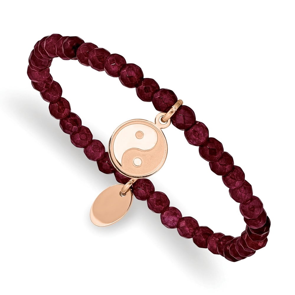 Diamond2Deal Stainless Steel and Satin Rose IP-Plated YingYang 4mm Red Jade Beaded Stretch Bracelet for Women 6"