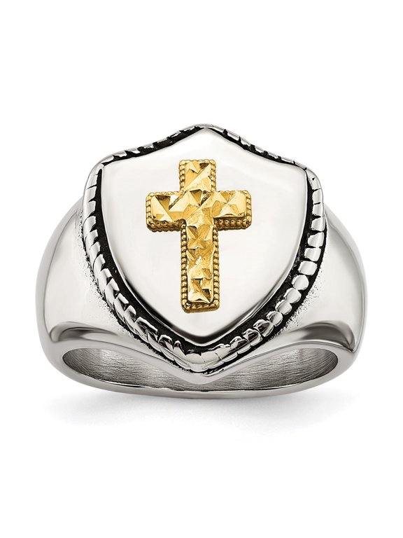 Stainless Steel with 14K Gold Accent Antiqued and Polished Cross on Shield Ring Size 10