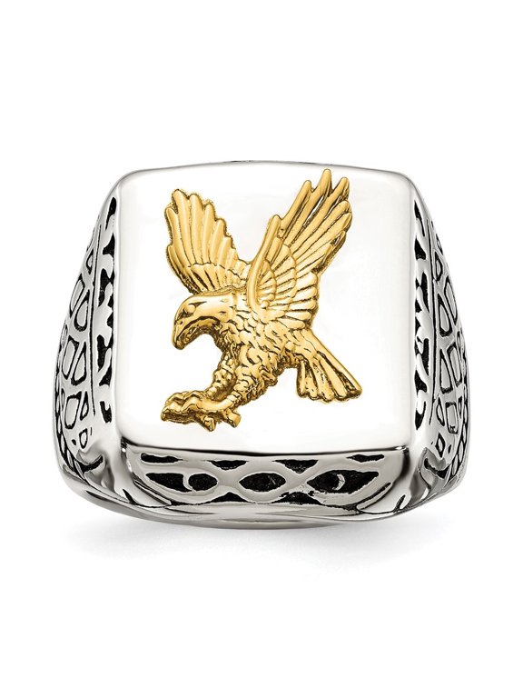 Stainless Steel with 14K Gold Accent Antiqued and Polished Eagle Men's Ring Size 11