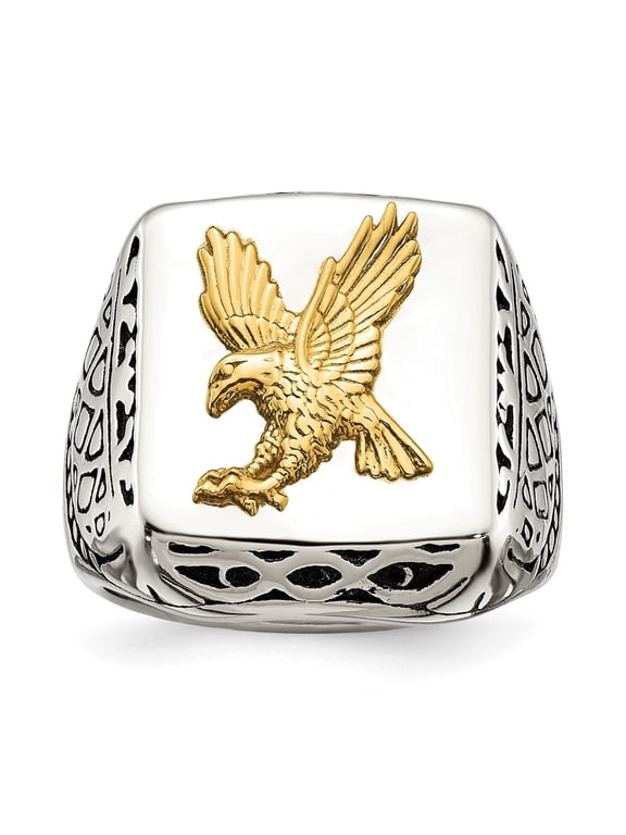 Stainless Steel with 14K Gold Accent Antiqued and Polished Eagle Men's Ring Size 9