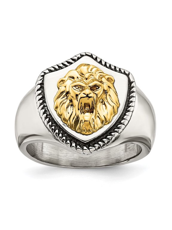 Stainless Steel with 14K Gold Accent Antiqued and Polished Lion on Shield Ring Size 9